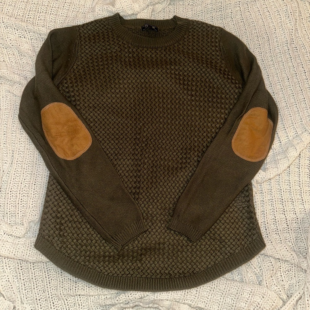 Dark olive green sweater with brown leather type patches on elbow